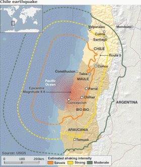 Régions touchées par le séisme du 27 février.